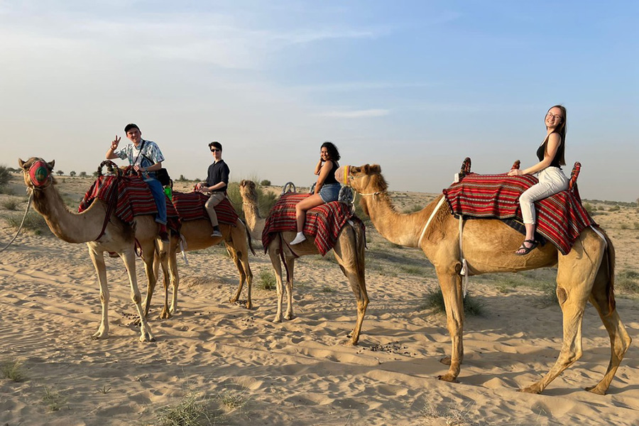 Students in desert riding camels