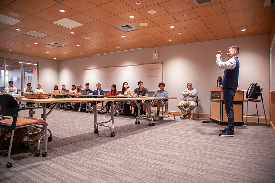 Richard Kampert speaking to students