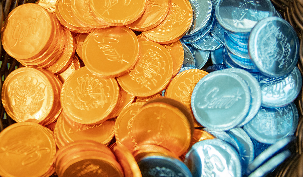 Chocolate candy rounds wrapped in orange and blue foil