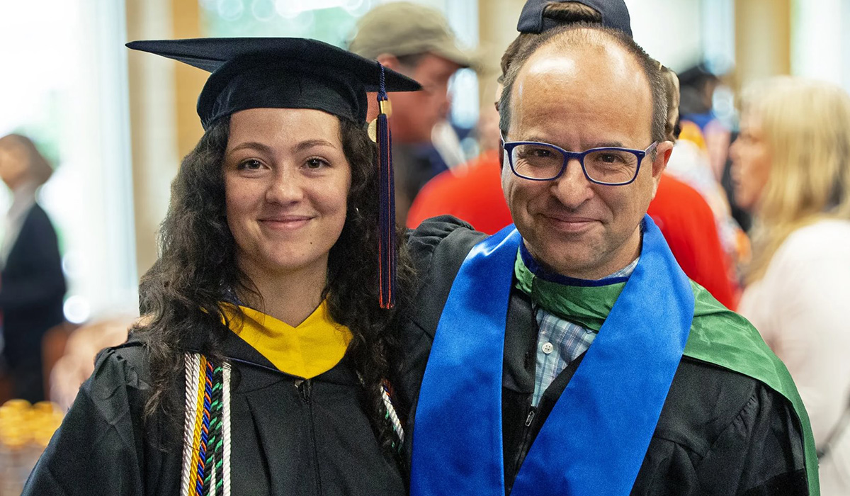 An image of >Prof. D’Addario and Chelsea O’Leary ’24 at the Class of 2024 Commencement exercises