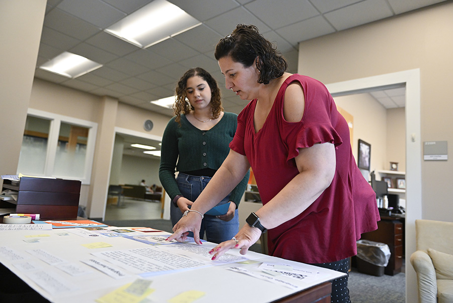 Two people talking at the Center for Career Engagement