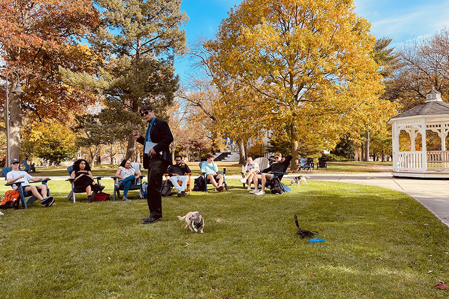 A photo of Jewish Studies Chair Stephen Jay Stern teaching a class outside