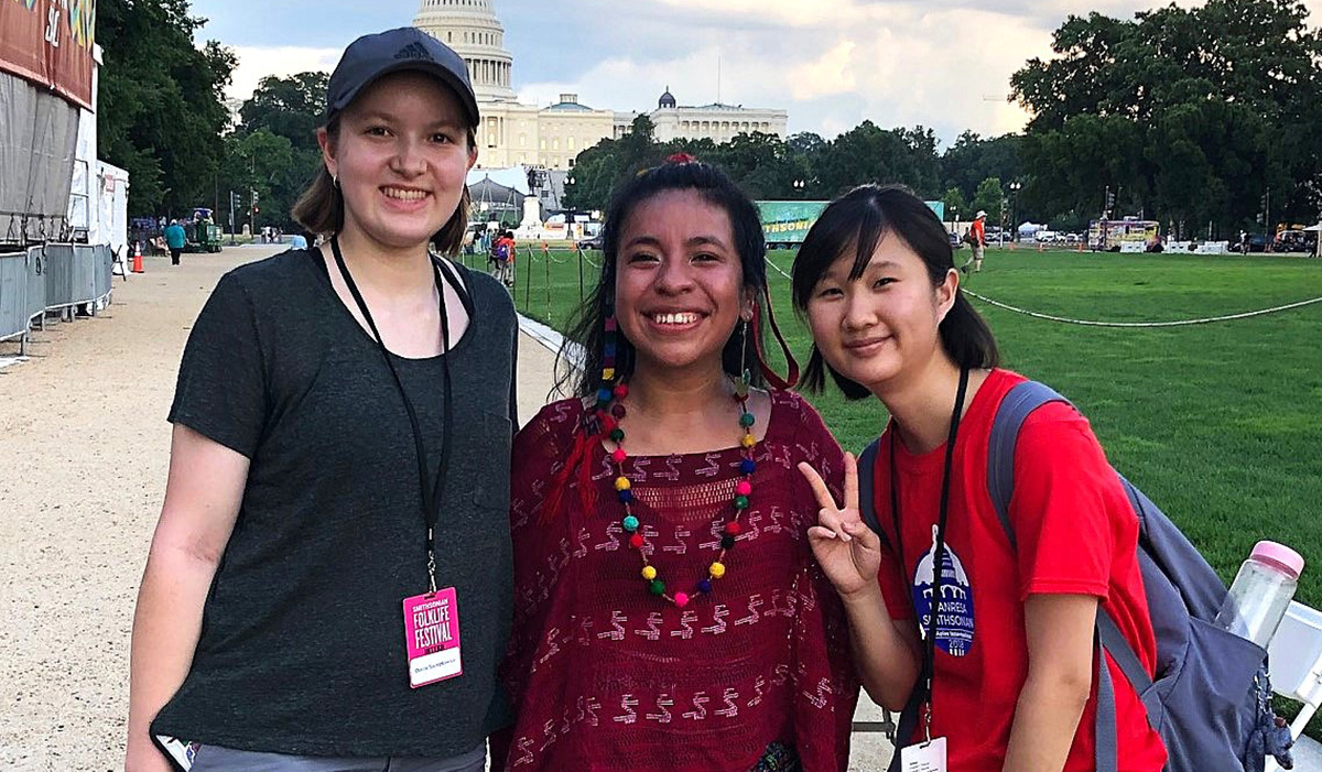 Devon Szczepkowicz ’27 (left) with Maya musician Sara Curruchich and a fellow intern