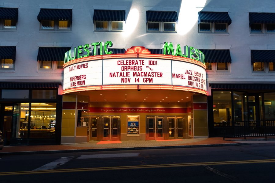 Marquee lights at Gettysburg College’s Majestic Theater at the Jennifer and David LeVan Performing Arts Center.