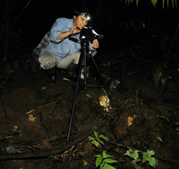 Biology Prof. Alex Trillo prepares to photograph a frog during field research