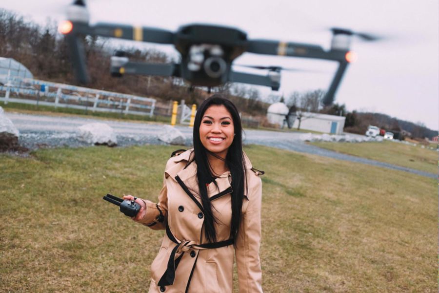Alyssa Kaewwilai ’20 operates a drone for flood research.