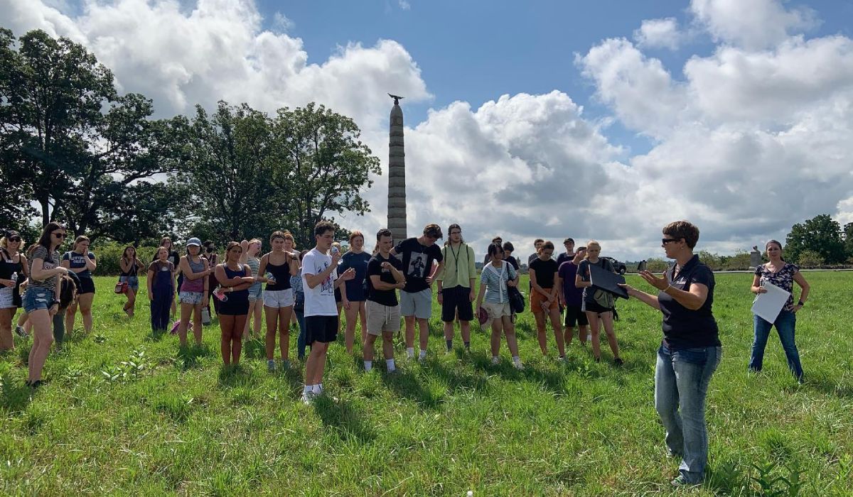 Jill Ogline Titus leads Lincoln Scholars at Gettysburg National Military Park.