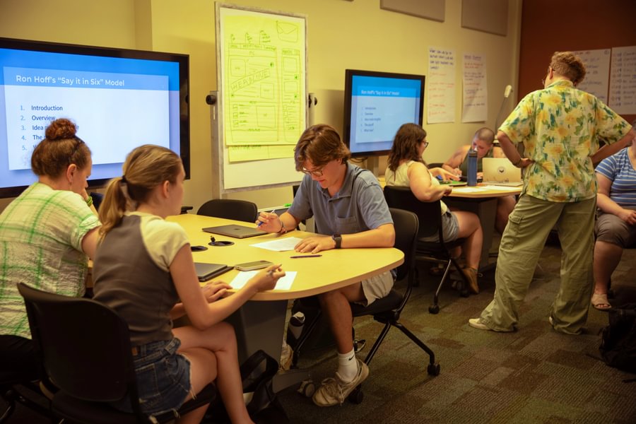 Digital Humanities Fellows work on solving problems in groups during the summer 2025 Digital Humanities Fellowship.