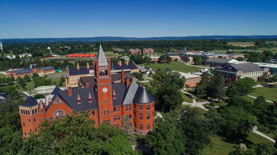 Glatfelter Hall’s bell tower rises above Gettysburg College’s campus.