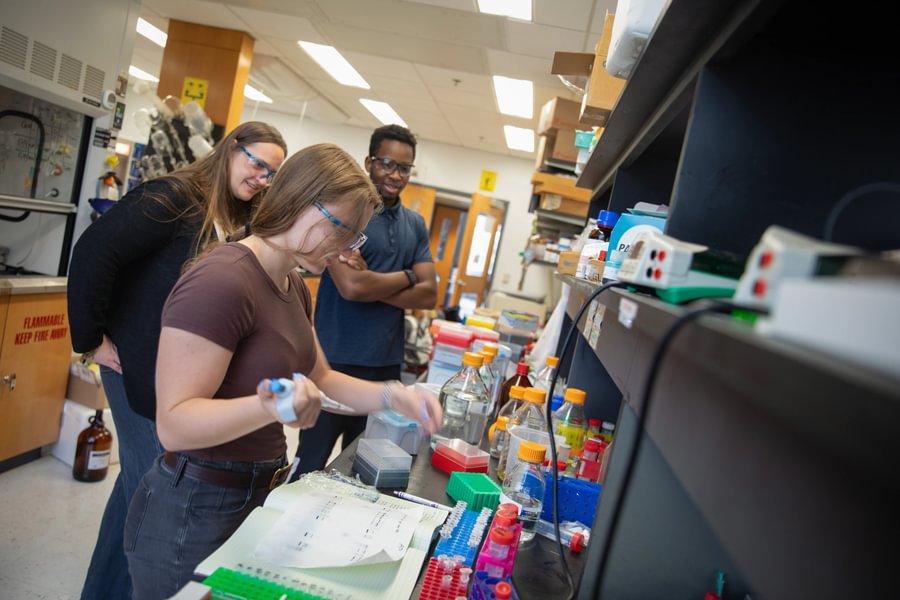 Sarah Marcus ’26 and Rudy Rudatsikira ’27 work with Prof. Kate Buettner in the chemistry lab.