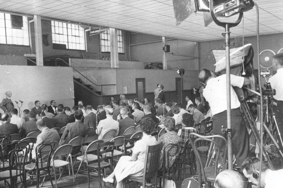Majestic ballroom used as Eisenhower press room, 1955–1959