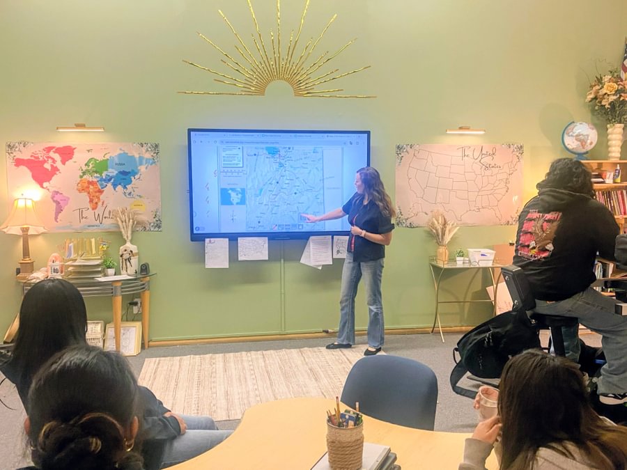 Shawna Failner M’25 teaching Utah geography at Uintah River High School.
