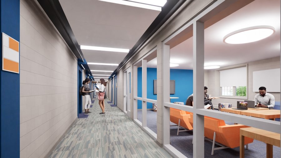 Study rooms with glass walls will invite collaborative discussions or quiet study time in West Quad residence halls.