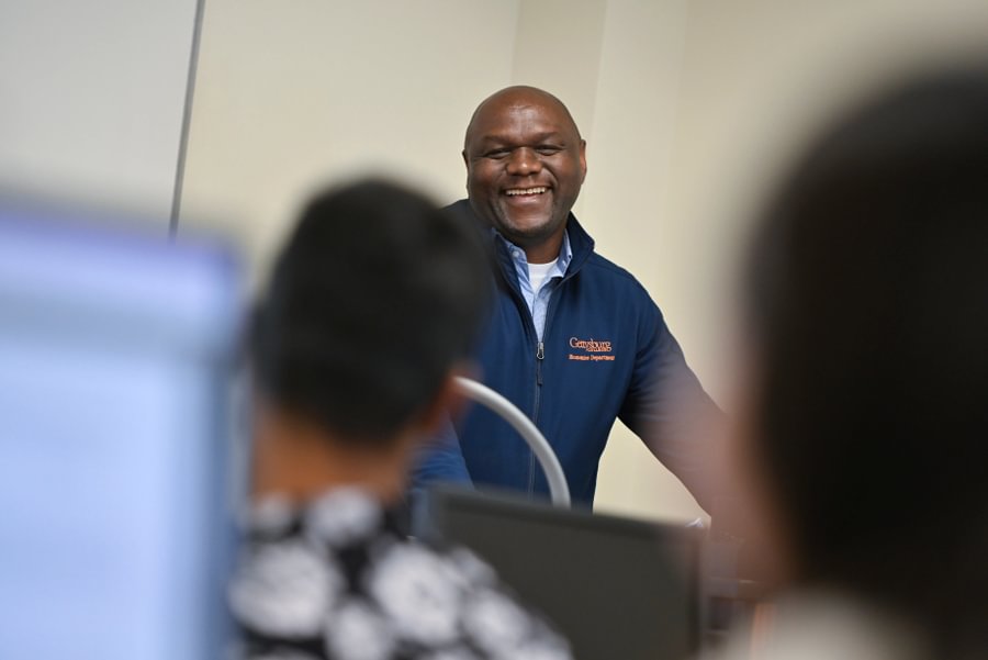 Africana Studies Prof. and Economics Chair Linus Mabughi Nyiwul teaches a class in the spring of 2023.