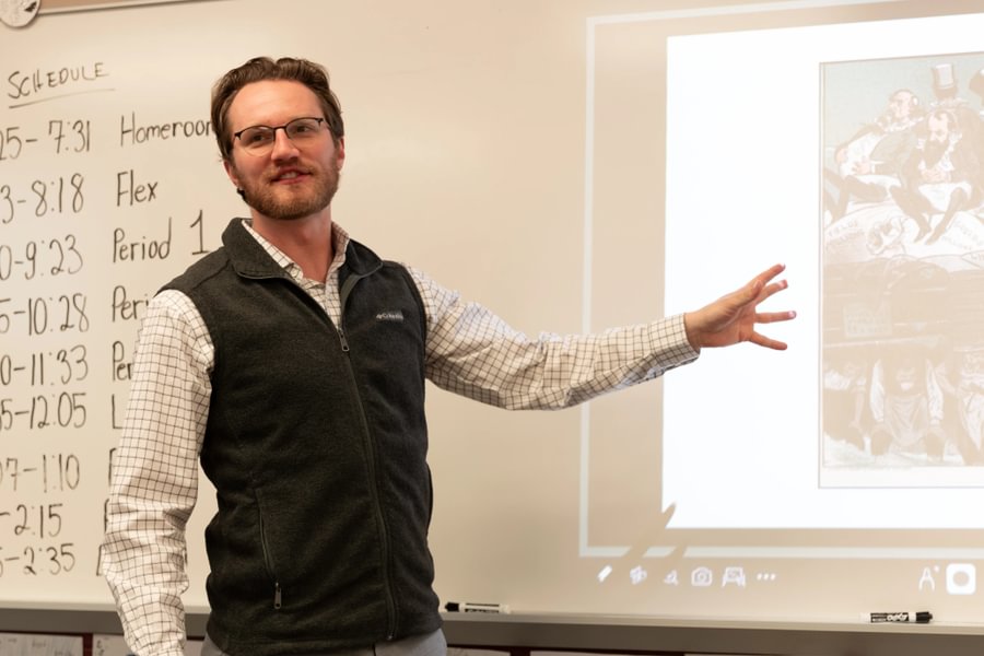Drew Martinelli presents a social studies lesson at Gettysburg Area Middle School. 
