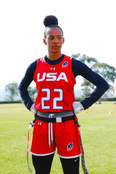 Kendra Meredith ’18 in Team USA flag football gear at the IFAF World Championship in Düsseldorf, Germany.