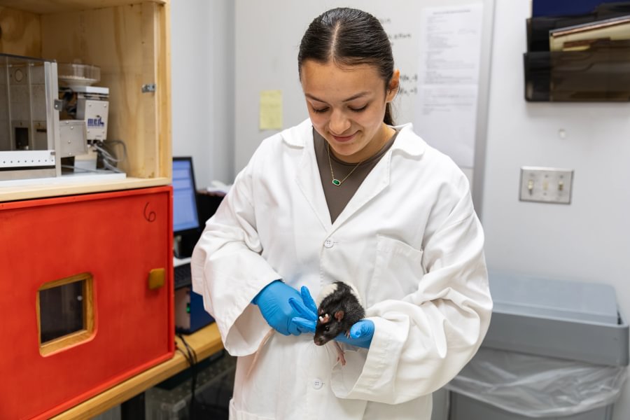 Marina Lomeli ’28 handles a black-and-white research subject inside the lab