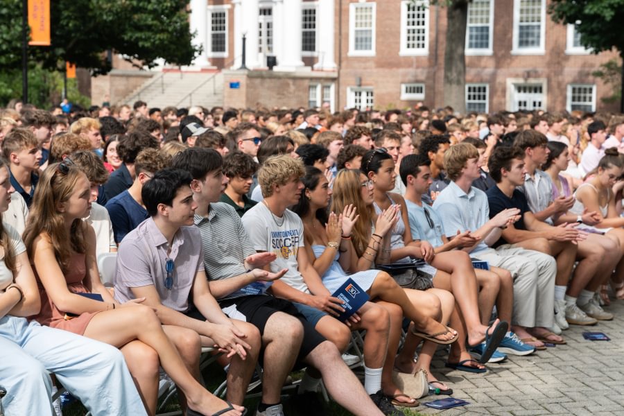  First-year students listen to remarks from Art and Art History Prof. Tina Gebhart during Convocation