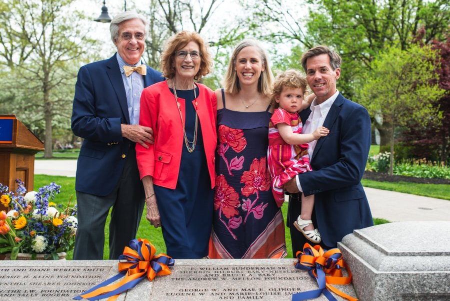 Sherrin Hilburt Baky-Nessler &rsquo;65, P&rsquo;01 alongside her family at the 2016 Benefactors Wall ceremony.