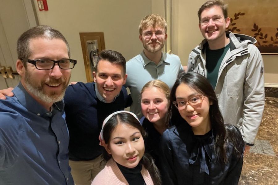 Former and current Garthwait Leadership Center staff with student Leadership Educators at the 2024 Leadership Educators Institute in Philadelphia, Pennsylvania: (back row) Paul Miller, Andy Hughes, Ashton Record ’25, Sam Anderson; (front row) Adelaide Nguyen ’26, Bailey Ytterdahl, and Van-Anh Tran ’27