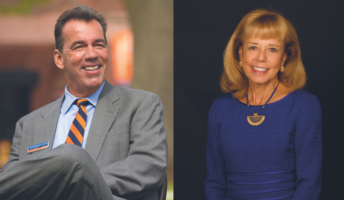 Headshot of David Brennan ’75, P’00 on the left and Daria Lo Presti Wallach ’76 on the right