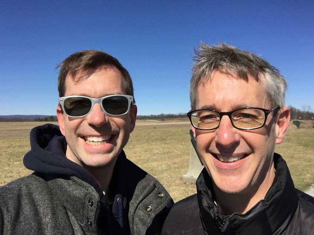 Brent Talbot and Roger Mantie standing on the Gettysburg Battlefield