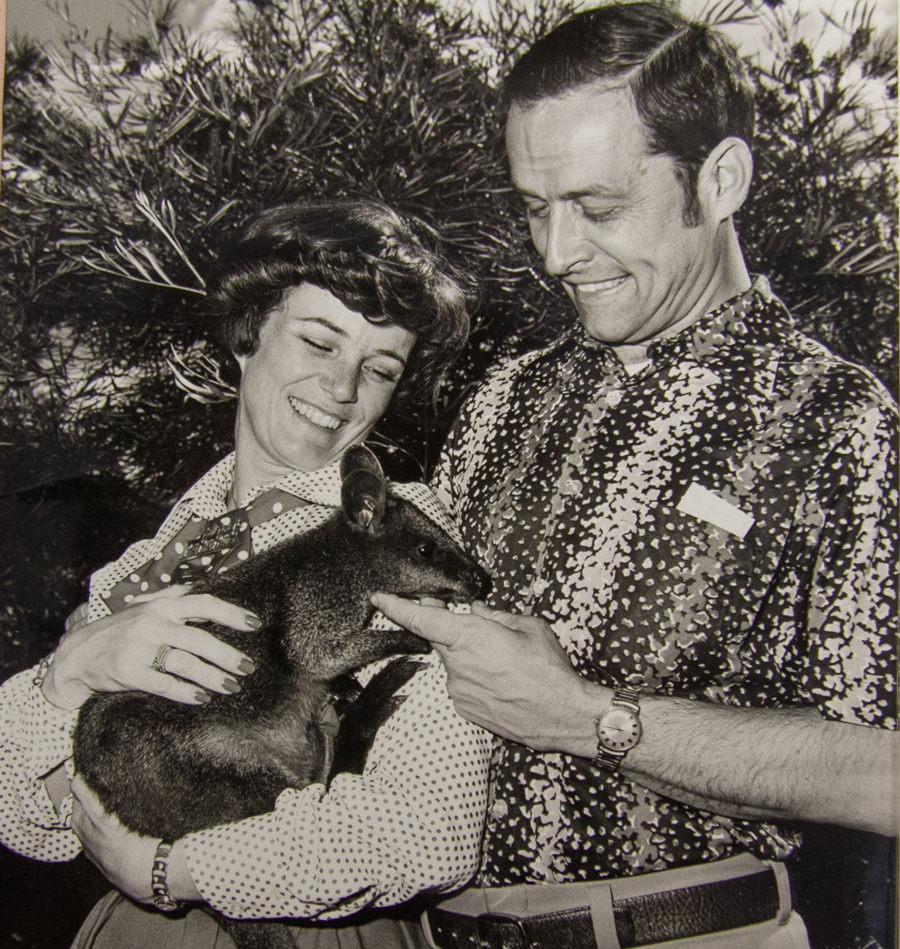Chuck and his wife holding a wallaby