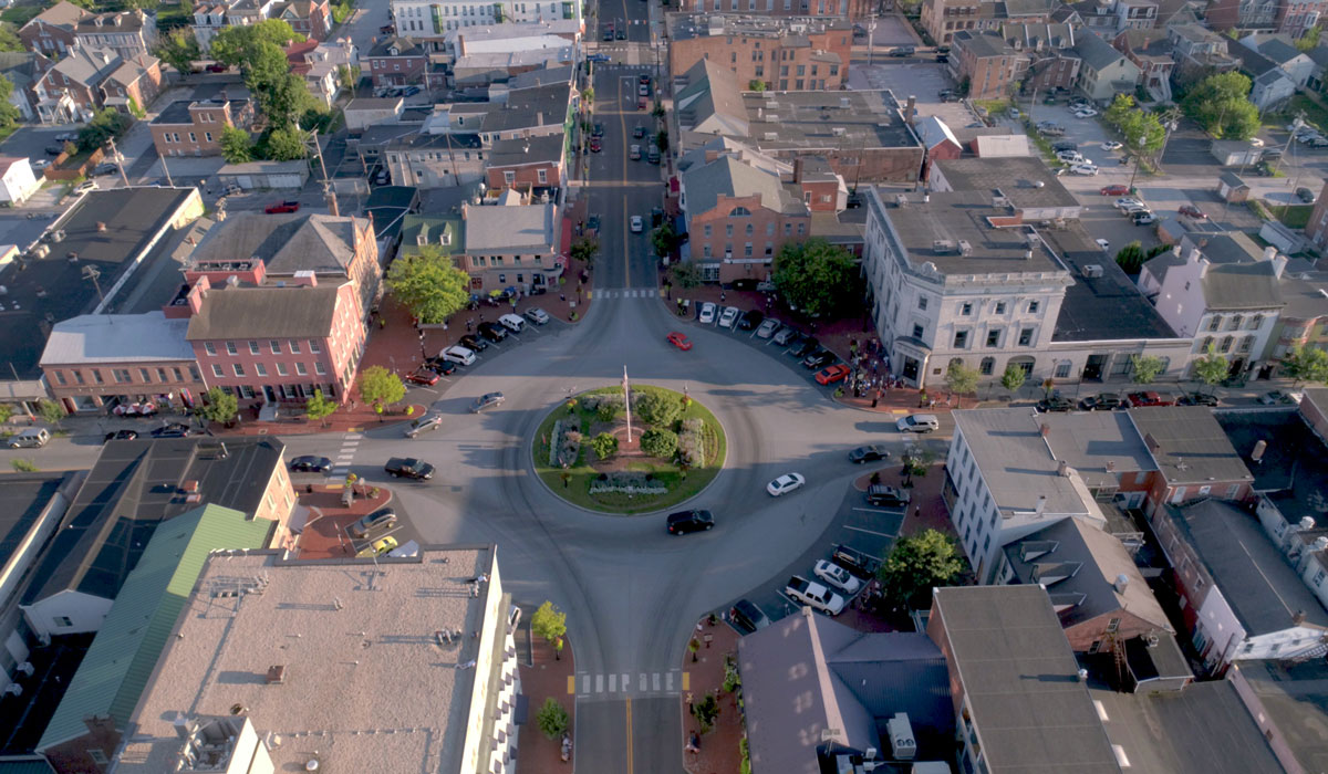 An aerial photograph of Lincoln Square in Gettysburg, PA