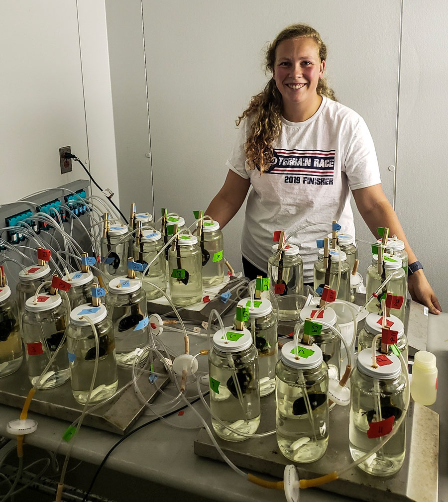 Hannah Collins working on a biology experiment in a lab