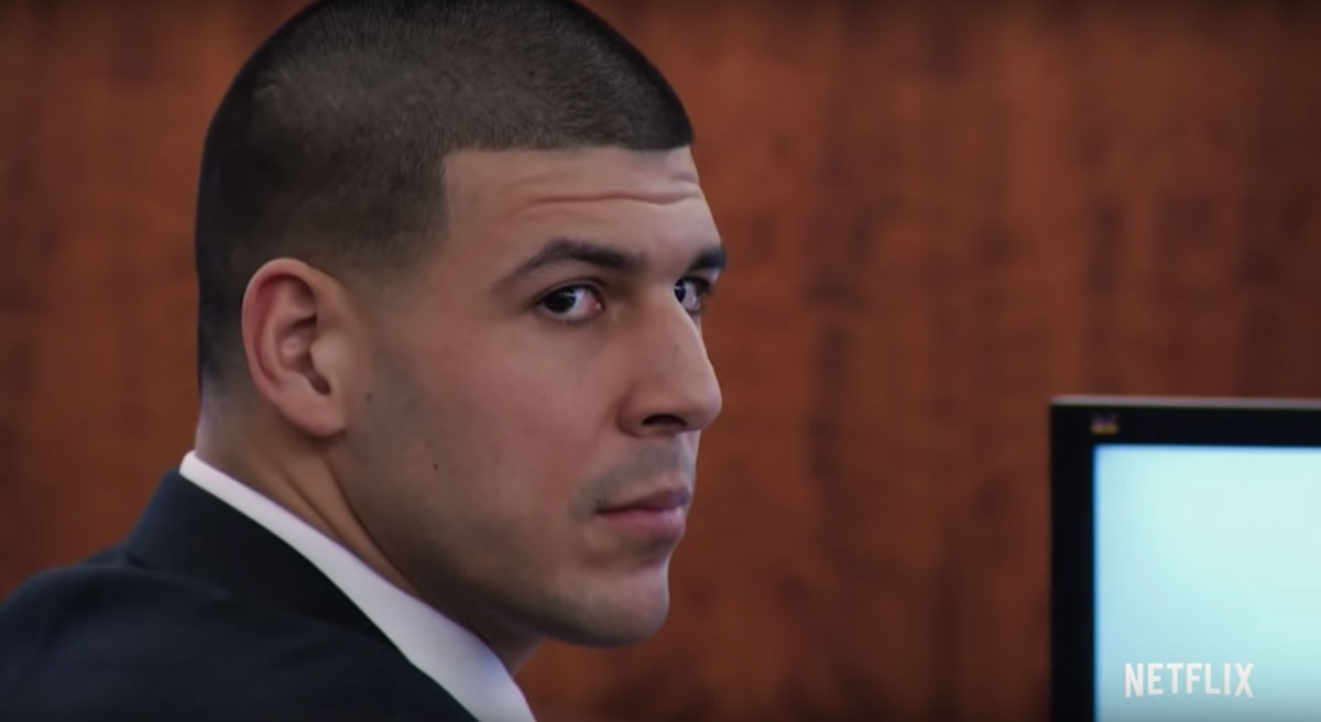 Headshot of Aaron Hernandez in a court room