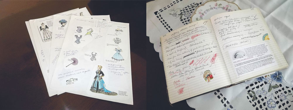 Victorian illustrations and a notebook with drawings pasted inside of it