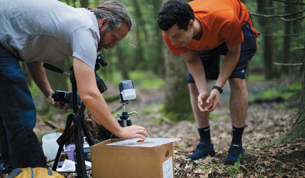 Ryan Kerney conducting research outdoors with a student