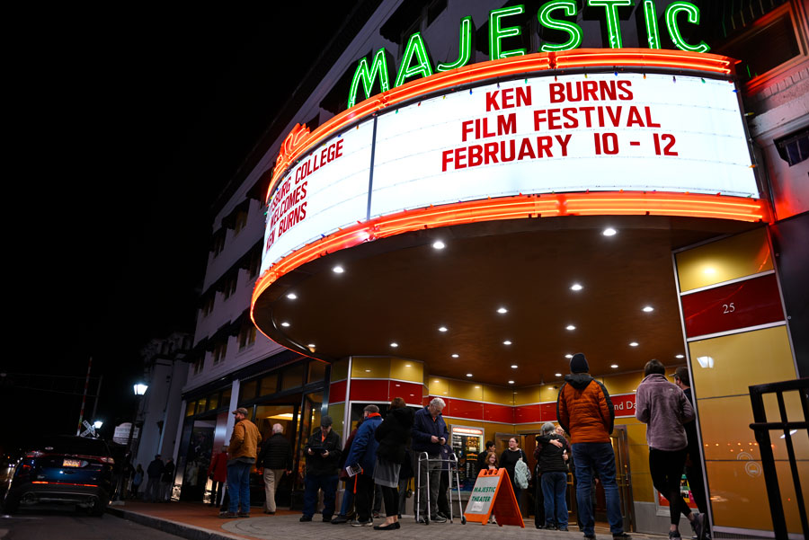 Photo of the Marquee at the Majestic Theater featuring the Ken Burns Film Festival