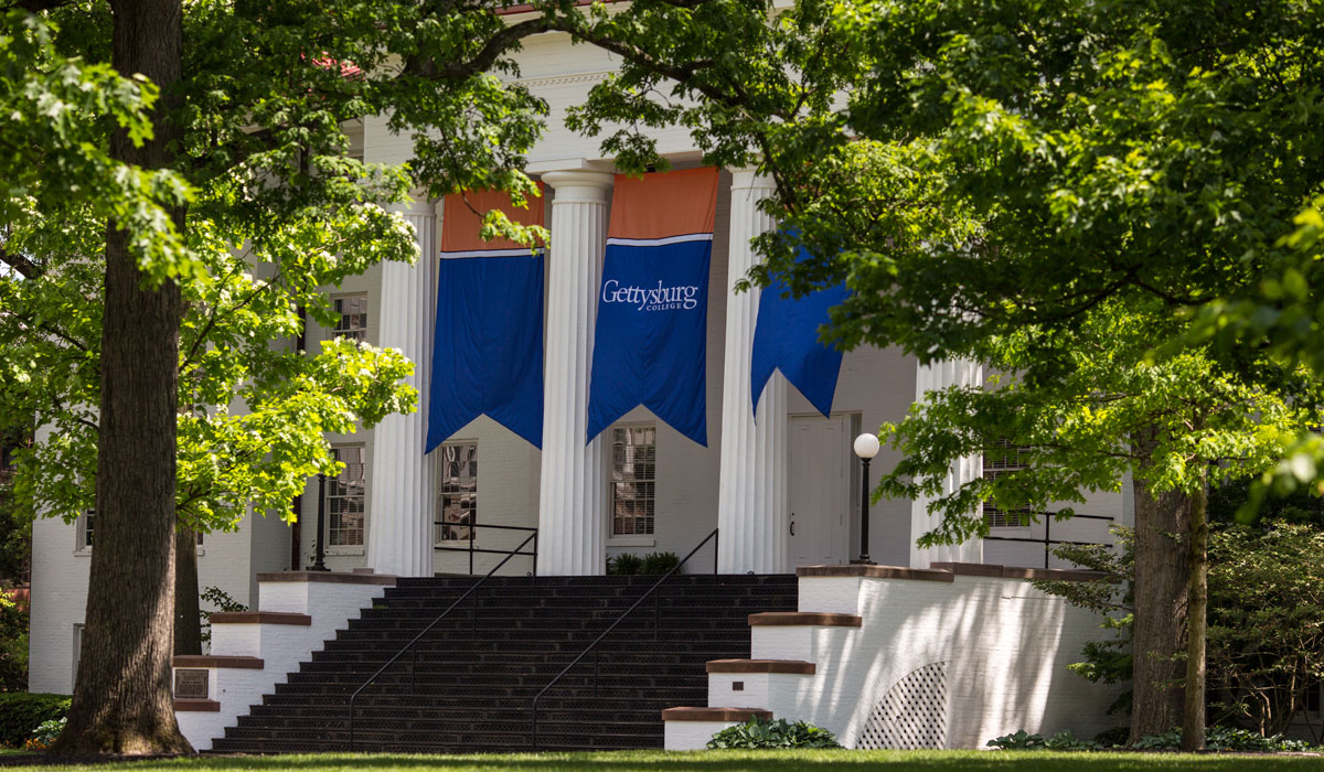 Pennsylvania Hall with banners flying in front of it