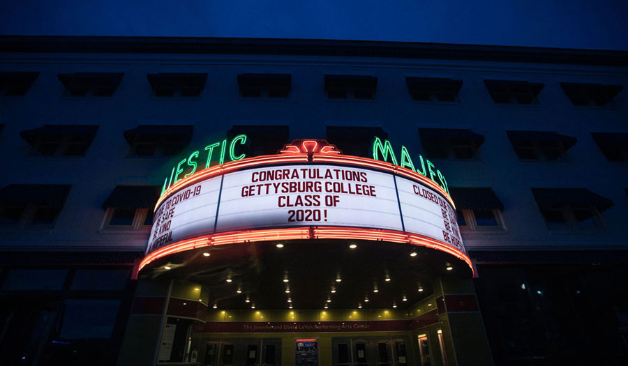 Majestic Theater sign with message to the Class of 2020