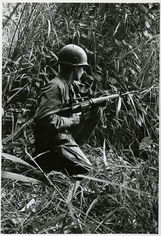 Soldier kneeling in the jungle with rifle pointed forward