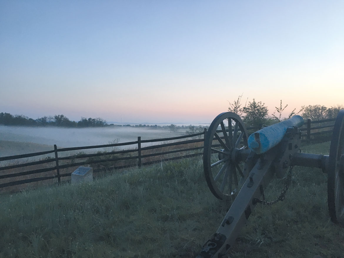 The Gettysburg battlefield covered in fog