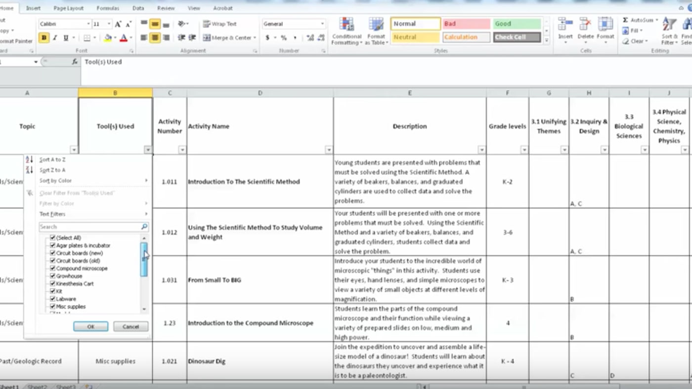 An example excel sheet from Advacing Science activity file