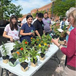 Students selecting plants at an outdoor table.