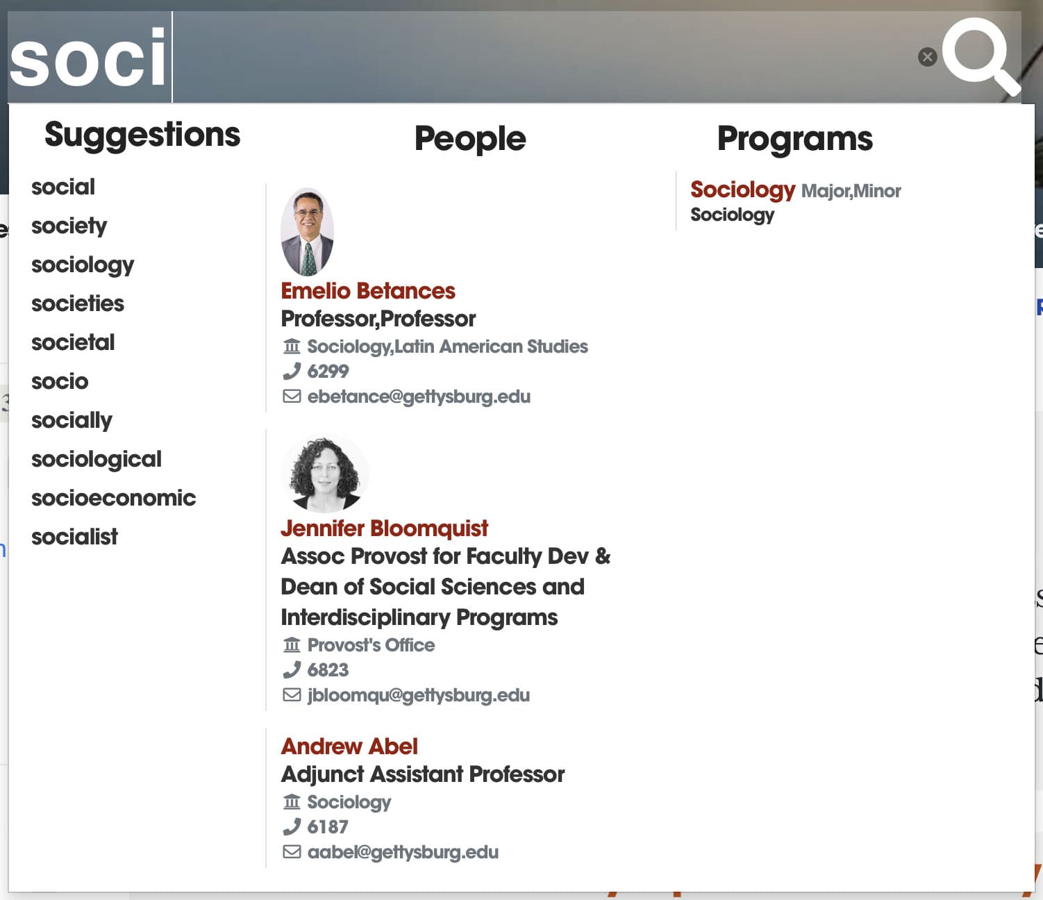Query “soci” (first part of the word sociology) showing suggested query completions, people matches, and program matches
