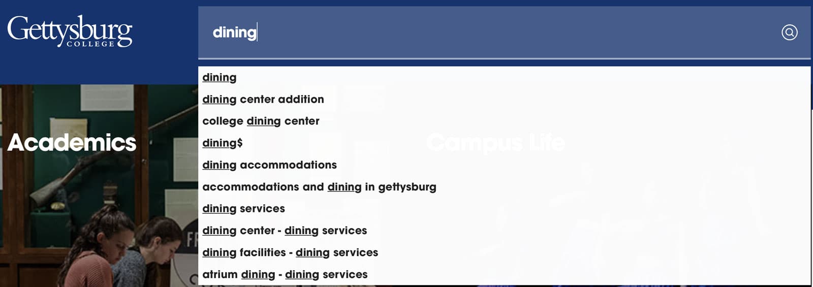search query for “dining” in site menu showing auto-suggestions