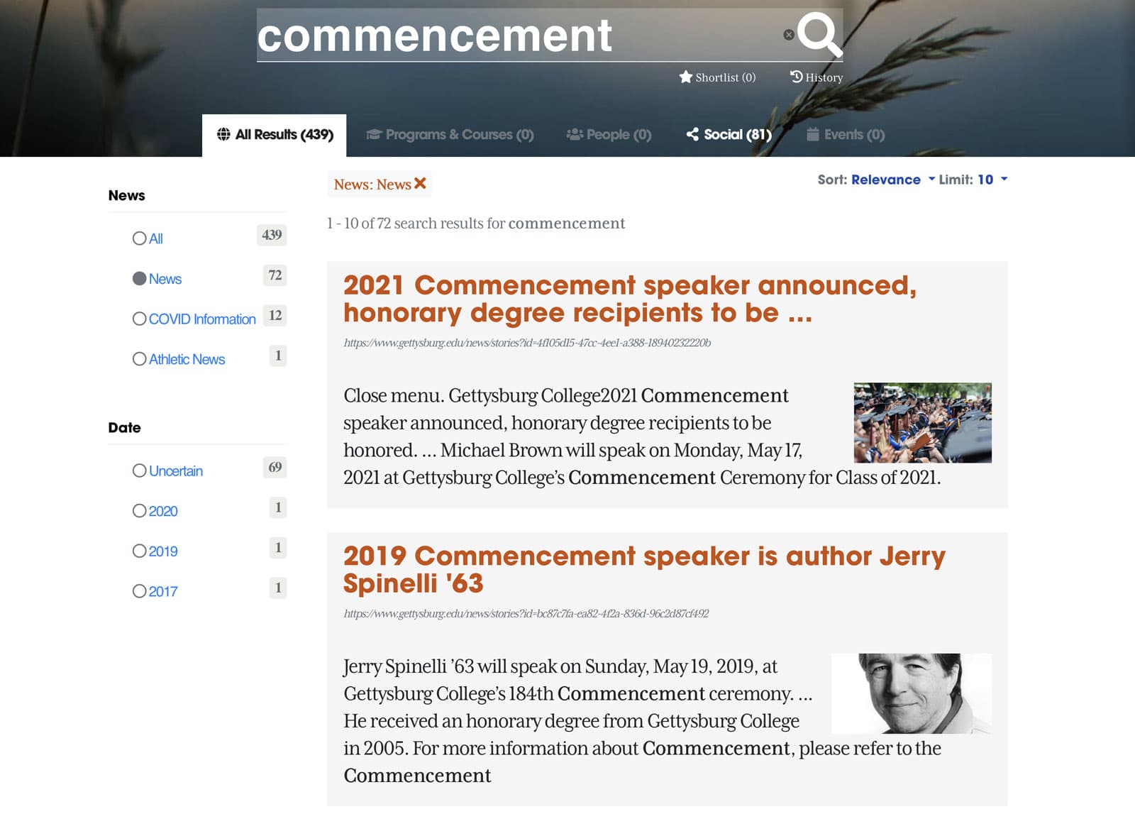Query “commencement” with All Results tab selected, filtered to News articles