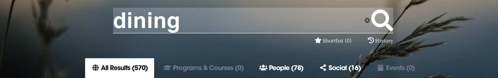 Query “dining” showing All Results, Programs and Courses, People, and Social tabs