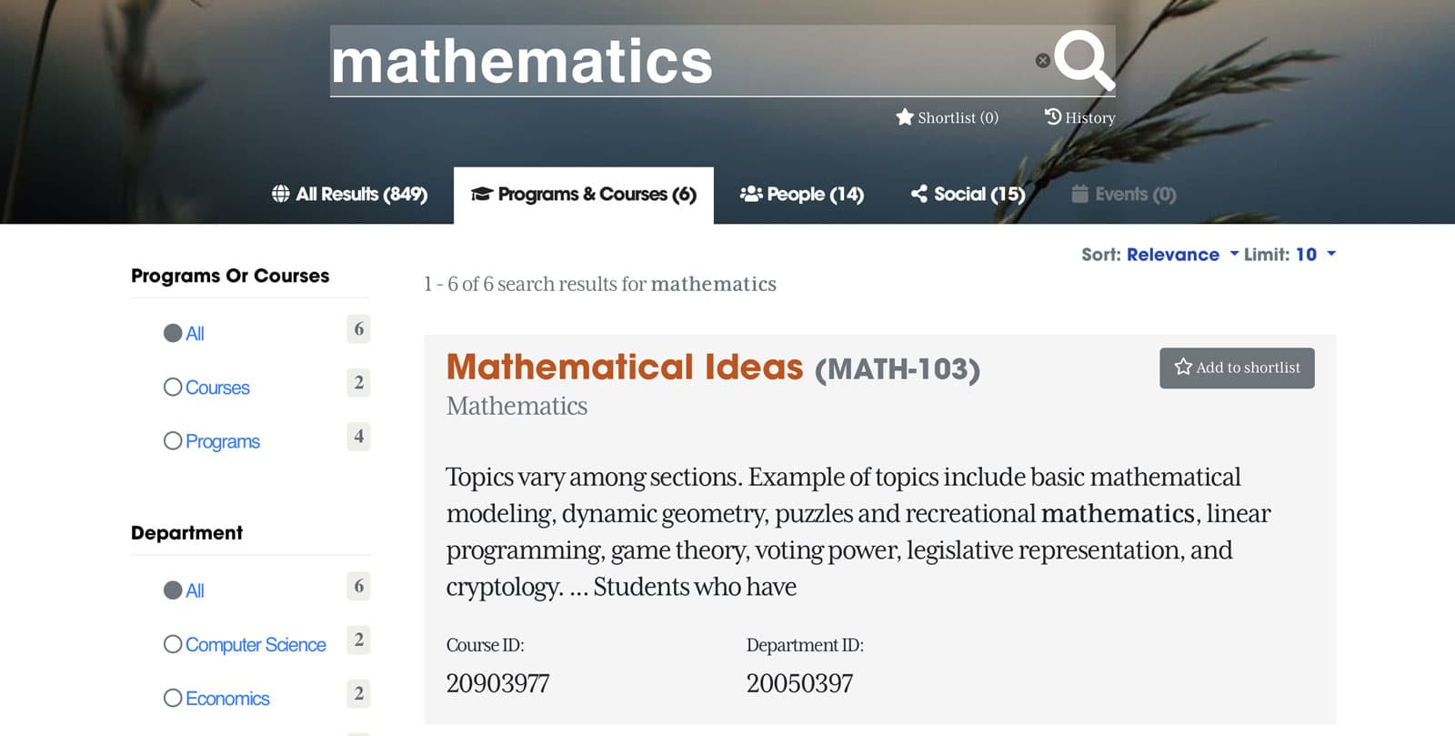 Query “mathematics” with the Programs and Courses tab selected
