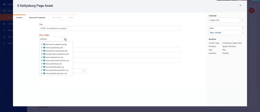 Screenshot of Site/Folder Field