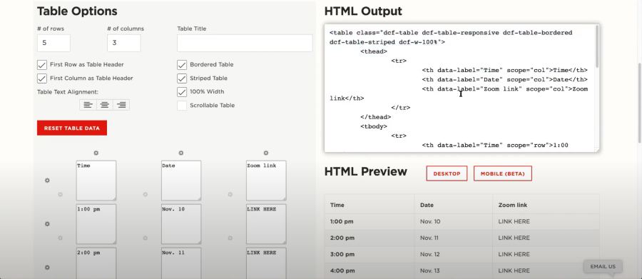 Screenshot of Table Generator