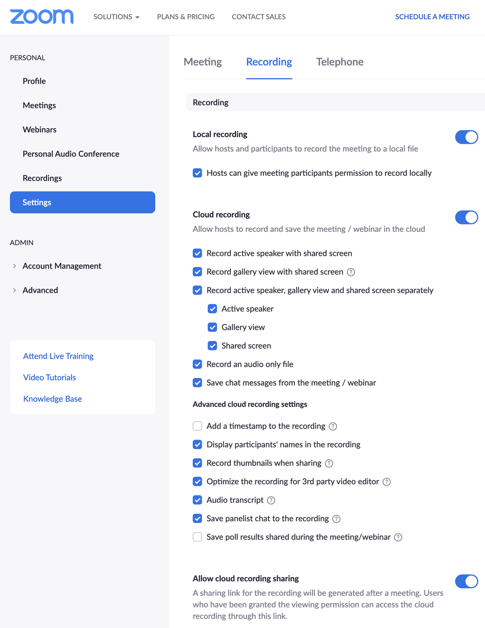 Zoom recording settings; see details above