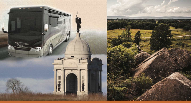 Image with pictures of the Gettysburg Battlefield and a tour bus