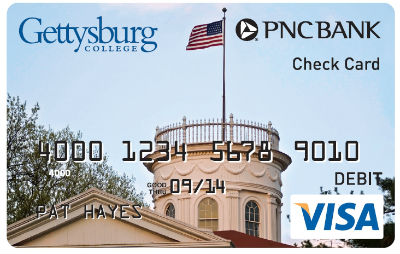 PNC credit card with the Gettysburg College cupola printed on it