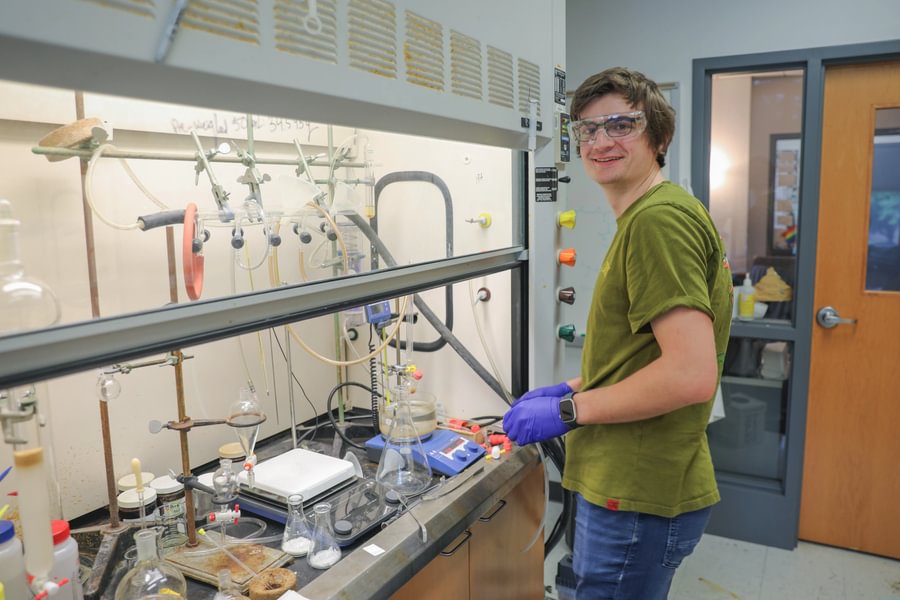 Max Alves ’26 conducts lab research with Prof. Timothy Funk during summer 2025.